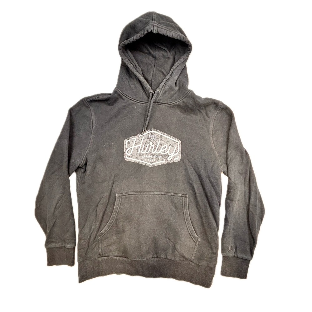 Hurley Mens Graphic Logo Hoodie Black Distressed Surf Sweatshirt M HMF23-07381